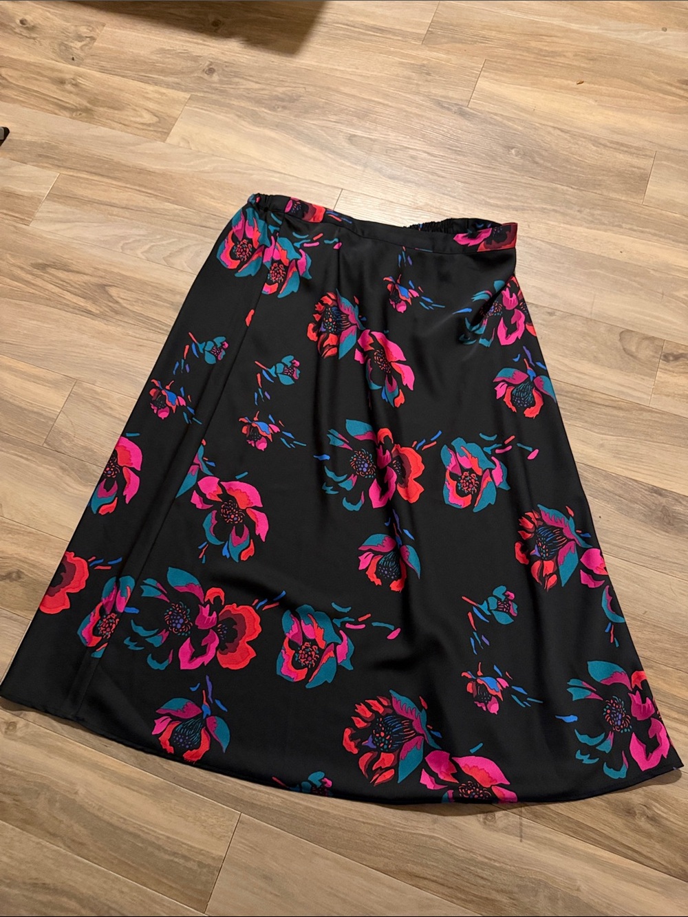 J. Crew Black A-Line Midi Skirt with Pink & Teal Floral Print